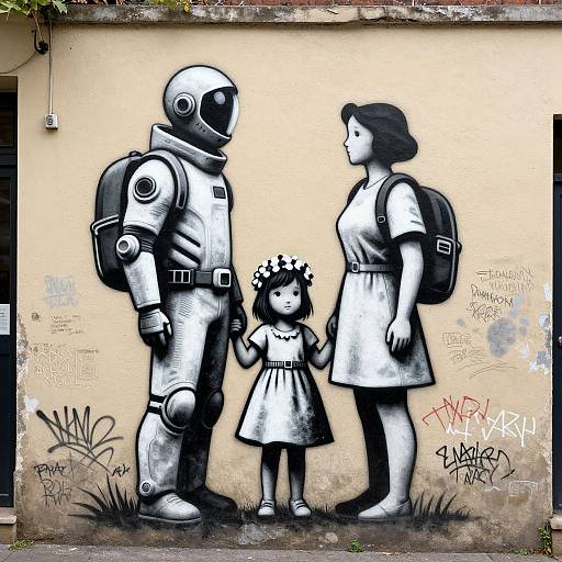 Black-and-white graffiti mural of a child in a dress, astronaut, and woman holding hands, standing on a graffiti-covered wall.