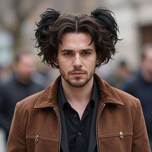 Photograph of a young man with wavy black hair in pigtails, brown suede jacket, black shirt, serious expression, blurred urban background.