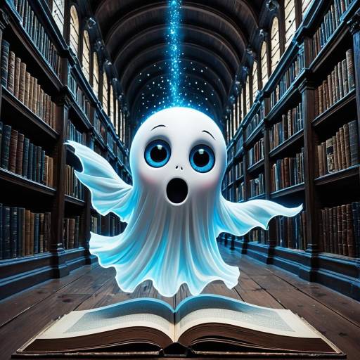 Cute Ghost Floating in Ancient Library