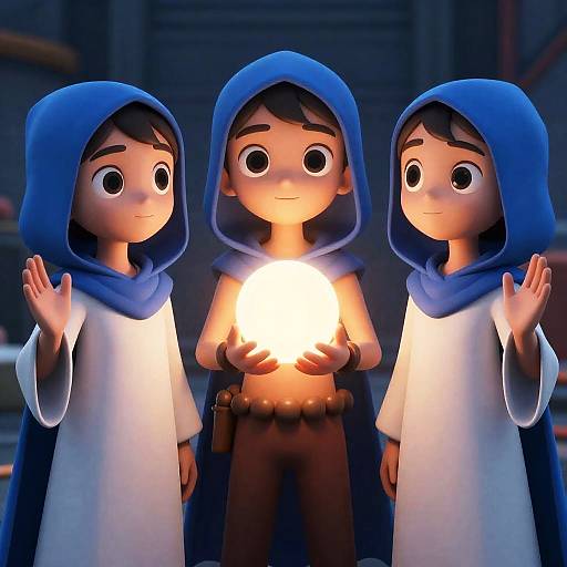 Three Hooded Characters with Glowing Orb