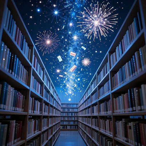 Photograph of a library aisle with bookshelves on both sides, leading to a starry, fireworks-filled night sky. Books neatly aligned, blue