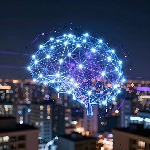 Nighttime photograph of a glowing, blue neon sphere with white lights against a cityscape backdrop of blurred, multicolored lights.