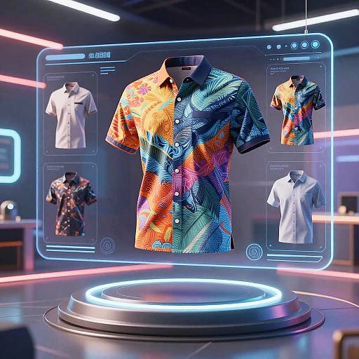 Digital display showcasing a vibrant, multicolored Hawaiian shirt with floral patterns, surrounded by three white shirts, illuminated by blue and pink neon lights in a