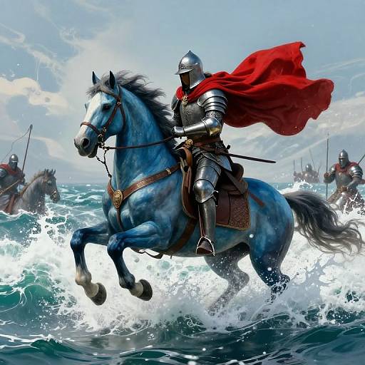 Digital art: Knight in silver armor with red cape riding a blue horse through turbulent ocean waves, surrounded by other armored knights. Dynamic, action-packed scene