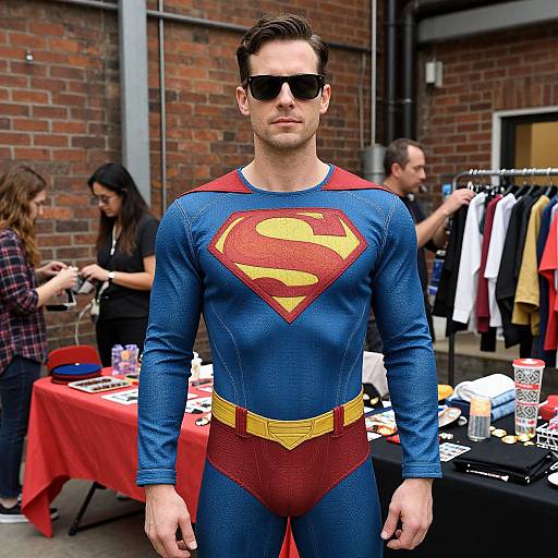 Photograph of a handsome, fit man in a tight, blue Superman costume with red 