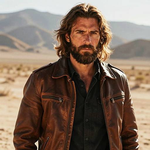 Photograph of a rugged, bearded man with long brown hair, wearing a black shirt and brown leather jacket, standing in a desert with mountains in