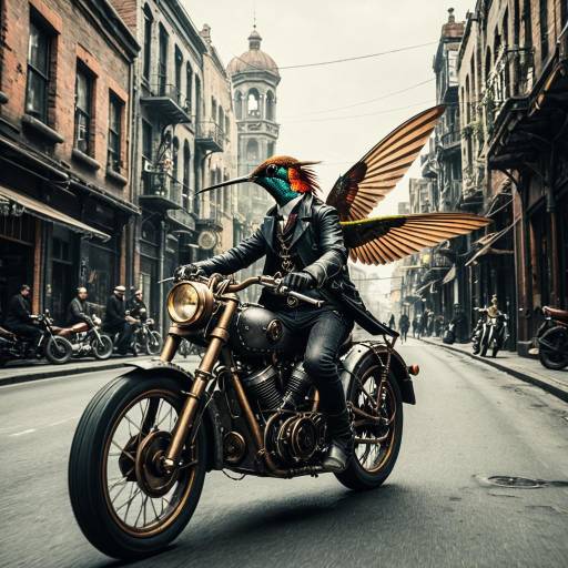 Steampunk Hummingbird Rider on Gothic Motorbike Steampunk Hummingbird Rider on Gothic Motorbike