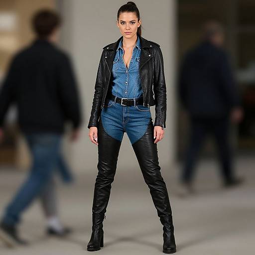 Photograph of a confident woman with dark hair in a ponytail, wearing a blue denim shirt, black leather jacket, and pants, standing on a