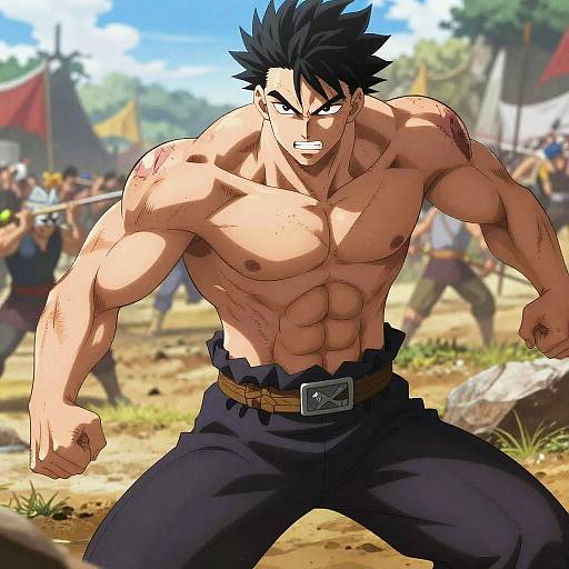 Anime-style digital drawing of a muscular, shirtless man with black spiky hair, blue pants, and a belt, ready to fight in a sunny