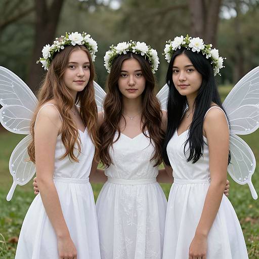Photograph of three young women with white flower crowns, transparent fairy wings, and white dresses, standing closely in a forest.