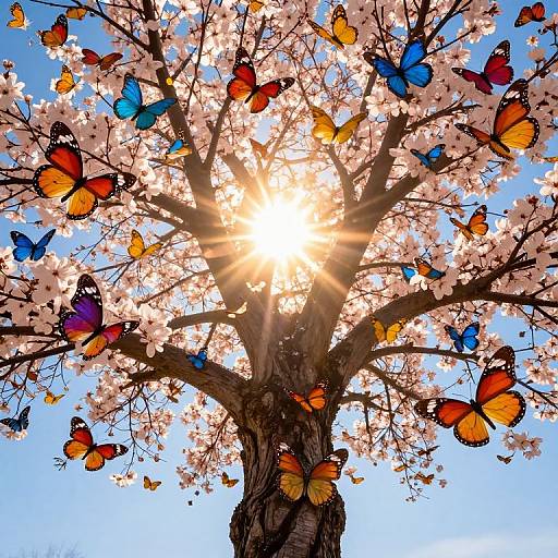 Majestic Tree with Radiant Sun and Butterflies