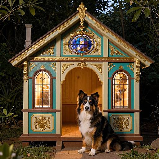 Photograph of a regal, ornate doghouse with gold trim, blue and green panels, stained glass window, and a black and white Border