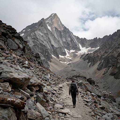 Photograph of a lone hiker in dark clothing walking a rocky mountain trail, with a towering, snow-capped peak in the background under a cloudy