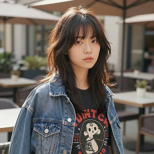 Photograph of an Asian woman with long, wavy black hair wearing a denim jacket over a black graphic t-shirt with a cartoon dog, standing outdoors