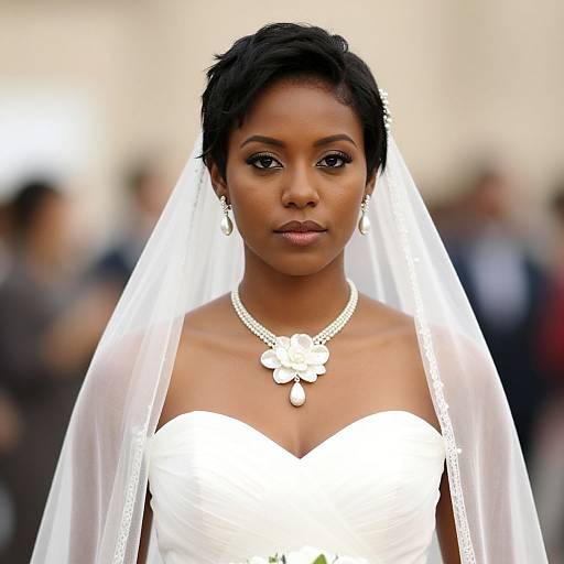 Photograph of a beautiful Black woman with short black hair, wearing a white strapless wedding dress, veil, pearl necklace, and earrings, standing confidently