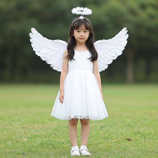 Photograph of an Asian girl with long black hair, wearing a white angel dress, wings, halo, and shoes, standing on green grass.