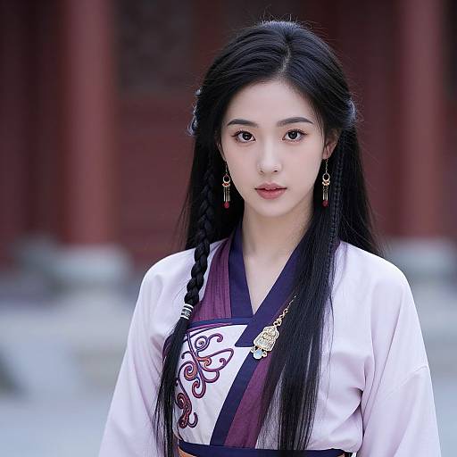 Photograph of an East Asian woman with long black hair in a traditional white Korean hanbok, featuring intricate embroidery and gold embellishments, standing in