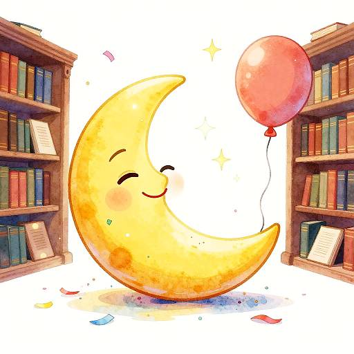 Sleepy Moon Balloon in Glowing Library