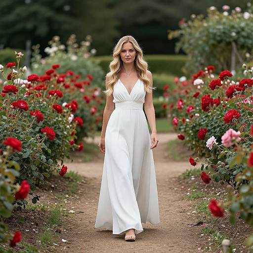 Photograph of a blonde woman with wavy hair in a white, V-neck, sleeveless dress walking down a rose garden path lined with vibrant red