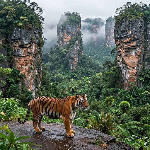 Photograph of a majestic tiger with orange and black stripes standing on a rock, surrounded by lush green jungle, towering mist-covered cliffs in the background.
