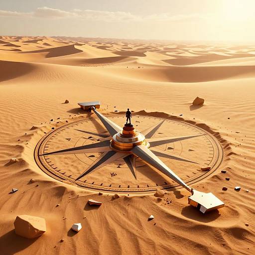 Aerial view of a compass-like structure in a vast, sunlit desert with sand dunes, scattered rocks, and small buildings.