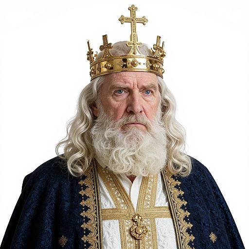 Photograph of an elderly, white-haired man with a long white beard, wearing an ornate gold crown and black, gold-embroidered ecc