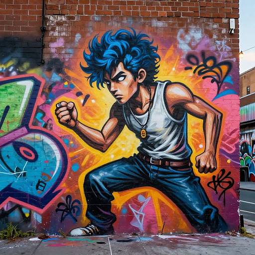 Vibrant street art of muscular anime boy with blue hair, white tank top, and dark jeans, striking dynamic pose against colorful graffiti wall.