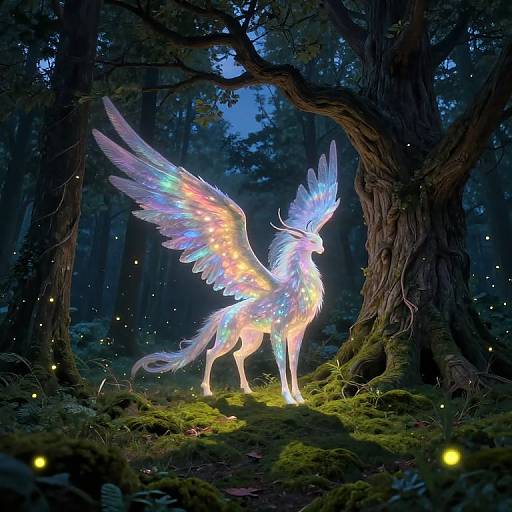 Digital fantasy art of a radiant, ethereal winged unicorn with multicolored feathers standing in a mystical, moonlit forest with glowing fireflies.