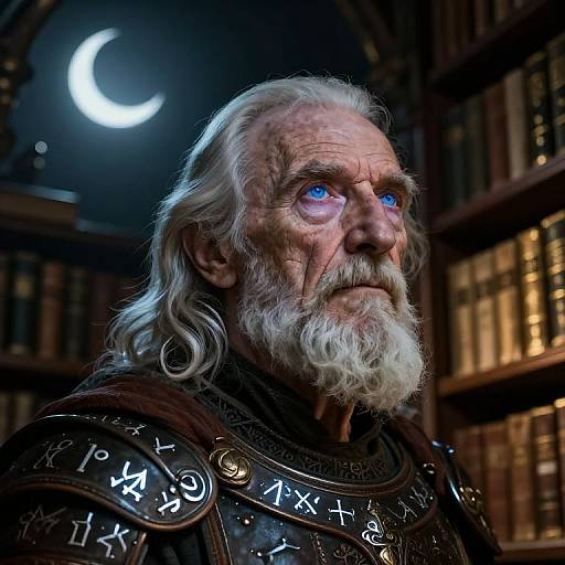 Photorealistic digital art: elderly, white-haired, bearded man with glowing blue eyes, wearing ornate, rune-embossed medieval armor,