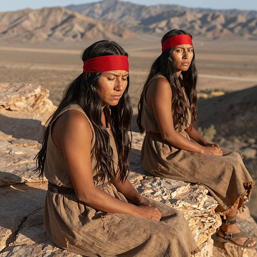Two Native American Women Sitting on Rocky Cliff
