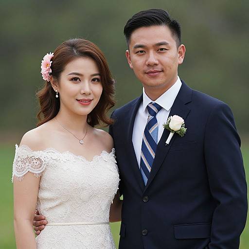 Photograph of a smiling Asian couple on their wedding day; she wears a white lace off-shoulder dress, he in a black suit with a
