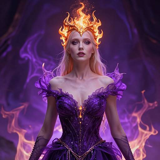 Digital art of a blonde, fair-skinned woman with fiery crown, wearing a purple, lace-embellished, off-shoulder dress,