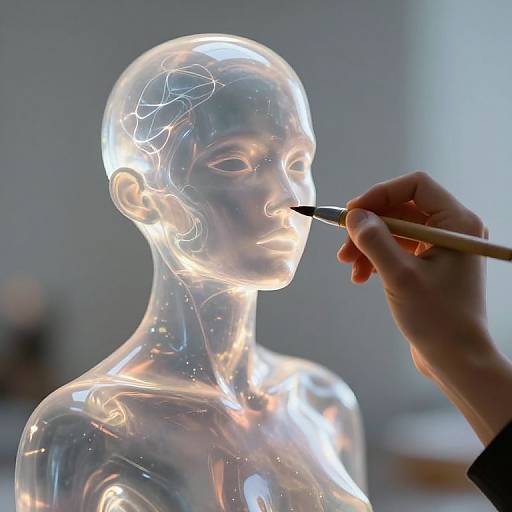 Photograph of a transparent, glowing human sculpture being delicately painted by a hand holding a brush, with a blurred background.