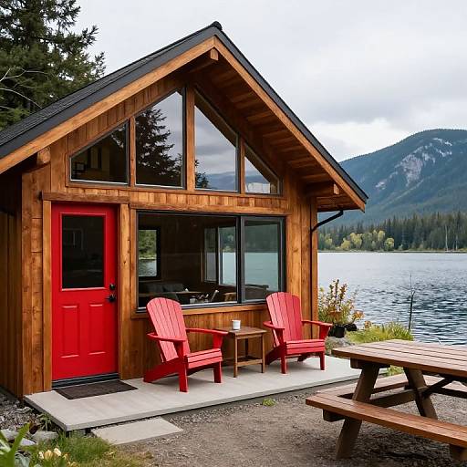 Photograph of a wooden cabin with a red door and windows, red Adirondack chairs, wooden table, and bench by a lakeside with