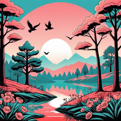 Stylized Sunrise Landscape with Lake and Birds