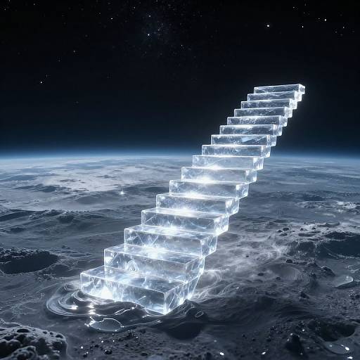 Digital CGI image of glowing, translucent, cubic steps ascending from a dark, textured, alien-like planet surface into a starry black sky.