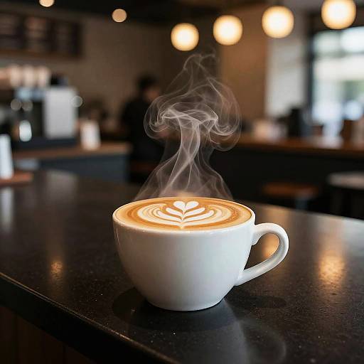 Photograph of a white ceramic cup with steaming latte art on a dark countertop in a dimly lit café.