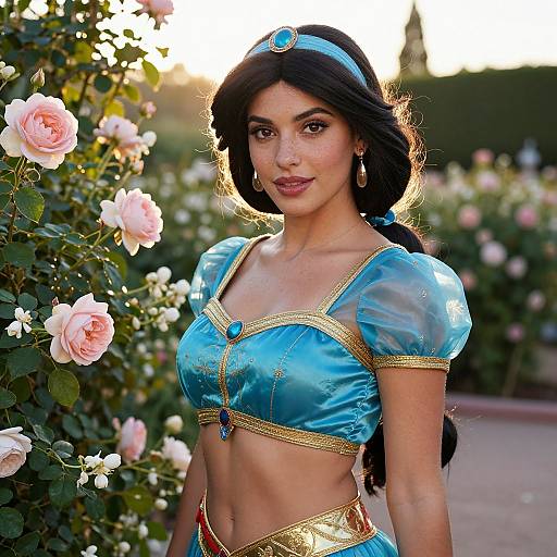 Photograph of a beautiful woman with long black hair in a blue Disney Princess-style outfit, adorned with gold and turquoise, surrounded by blooming pink roses