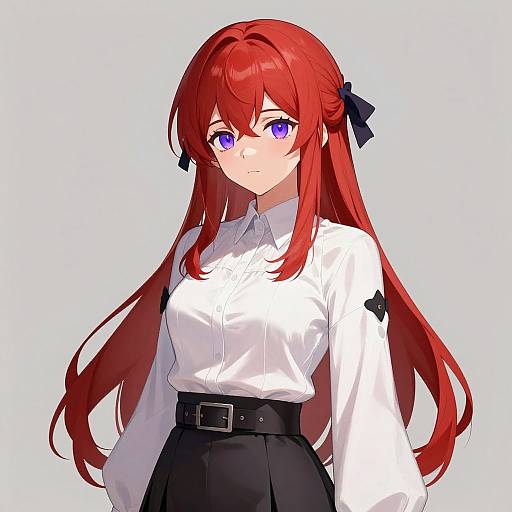 Anime-style digital drawing of a red-haired girl with long hair, purple eyes, wearing a white shirt and black skirt with a belt. Black bow in