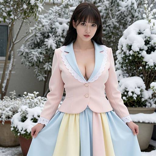 Photorealistic CGI of an Asian woman with long black hair, large breasts, wearing a low-cut pastel pink blazer and blue-yellow skirt,