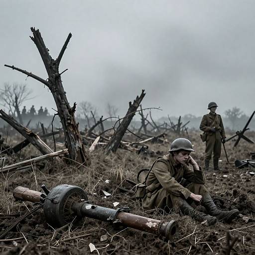 Photograph: War-torn battlefield with two World War I soldiers; one crouching, another standing among charred tree stumps and artillery shells