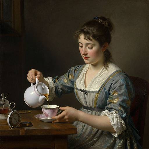 Baroque-style painting of a fair-skinned woman with dark hair in a blue, gold-embroidered dress, pouring tea from a white te