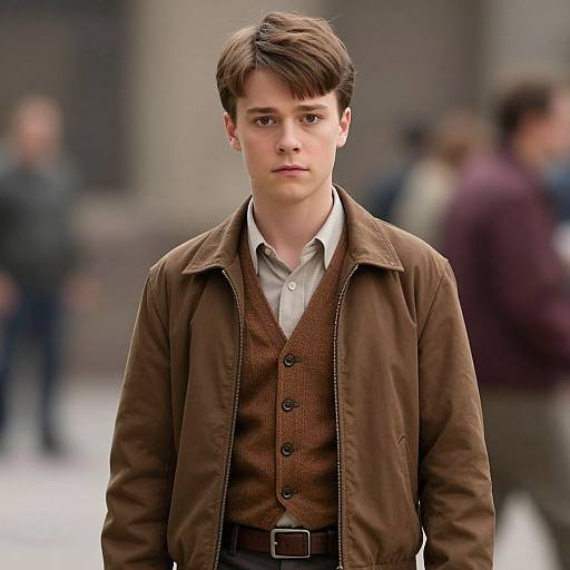 Photograph of a young man with short brown hair, wearing a brown jacket, brown vest, and white shirt, standing in a blurred urban background.