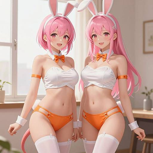 Digital anime-style drawing of two pink-haired girls in white bunny outfits with orange bows, white thigh-highs, and orange panties, standing in a sun