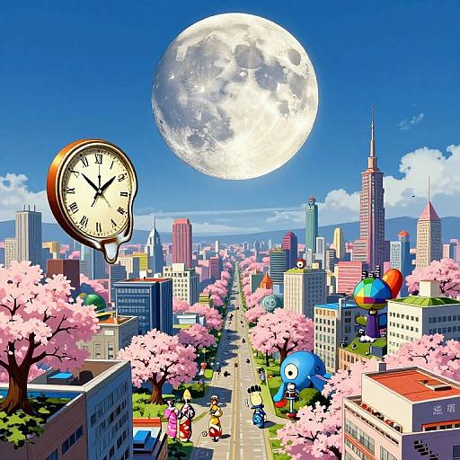 Digital anime-style cityscape with a giant full moon, clock floating left, cherry blossoms, skyscrapers, colorful buildings, and small characters walking