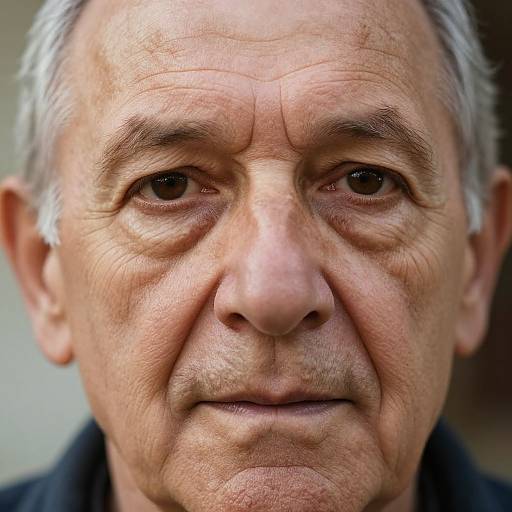 Close-up photograph of an elderly man with wrinkled skin, gray hair, and brown eyes, wearing a dark jacket, looking directly at the camera.