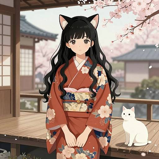 Shy Teen Girl in Ukiyo-e Kimono