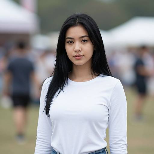 Photograph of an East Asian woman with long black hair, wearing a white long-sleeve shirt, standing in a blurred outdoor crowd.