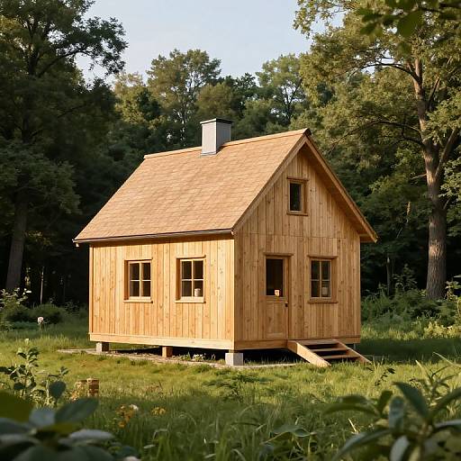 Photograph of a small, wooden, A-frame cabin with a pitched roof, set on stilts in a sunlit, lush forest clearing.