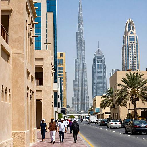 Photograph of a busy Middle Eastern city street with modern skyscrapers, including a tall, sleek, blue-glass building in the background. People